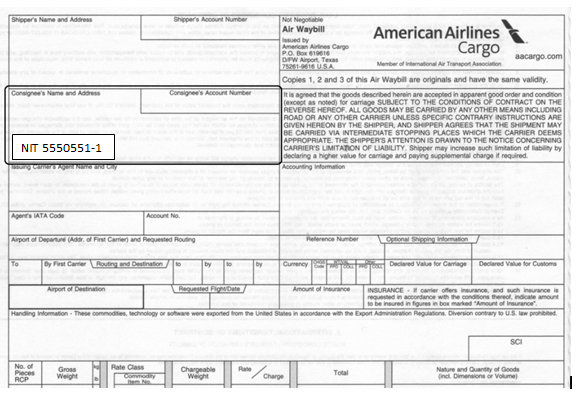 Example of Customs NIT
