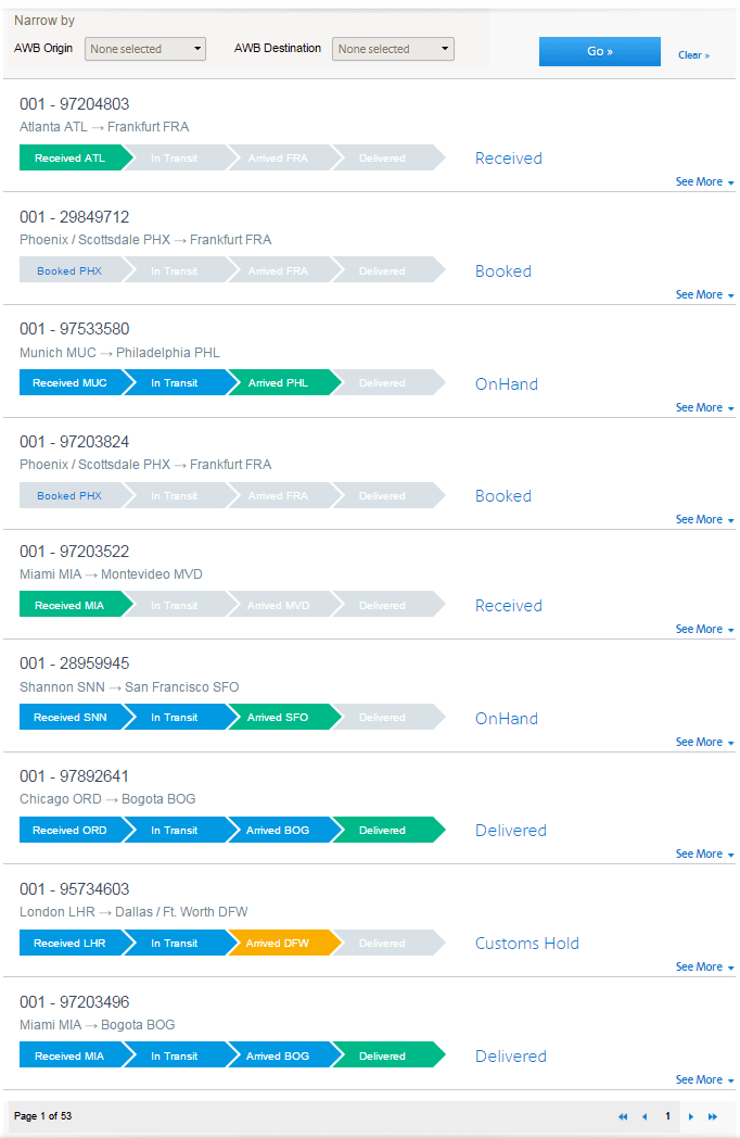 screenshot of logged-in AWB Tracking Report